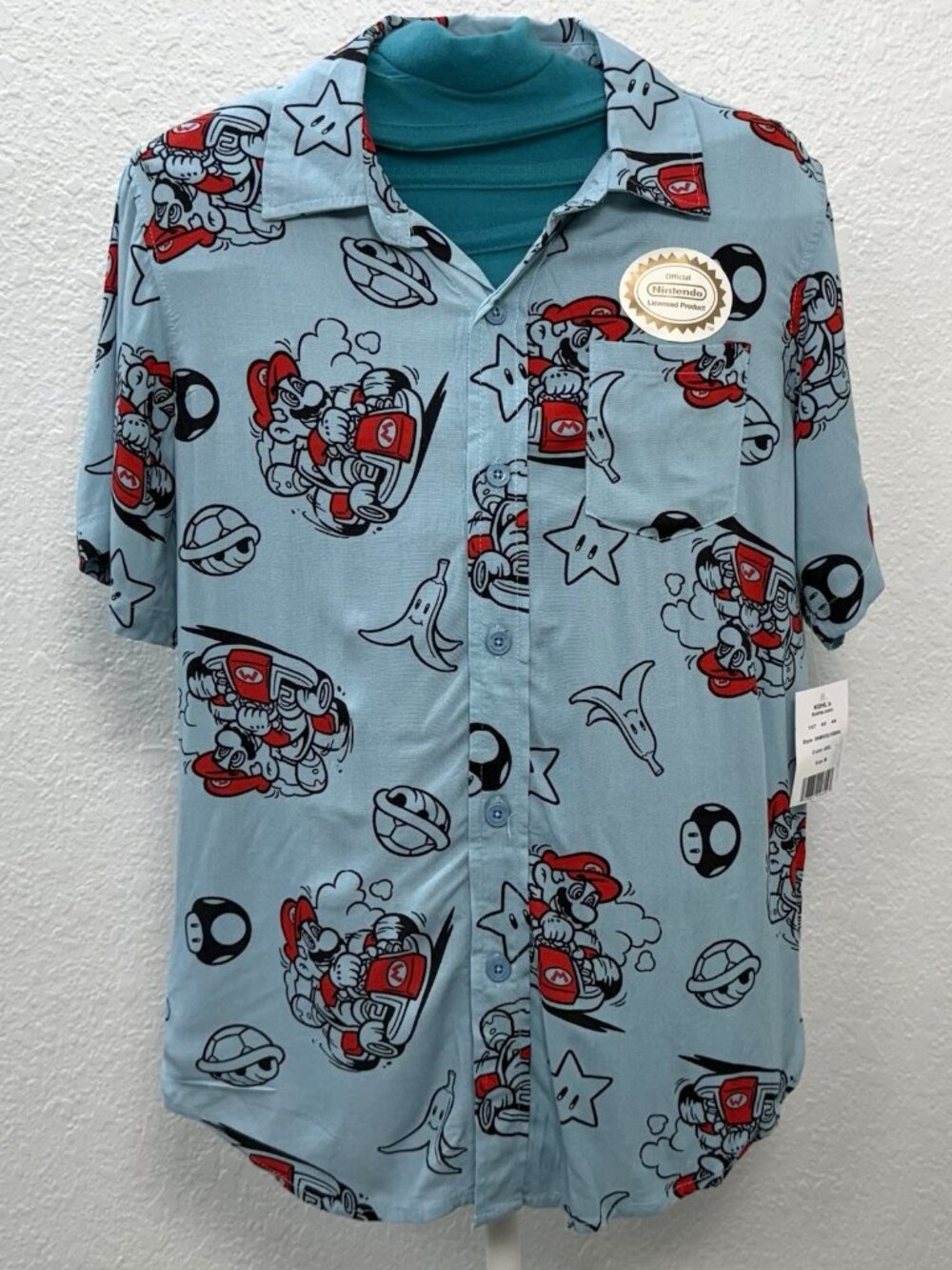 Nintendo MARIO KART Boys Youth MEDIUM Blue All-Over Print Button-Up SHIRT NWT